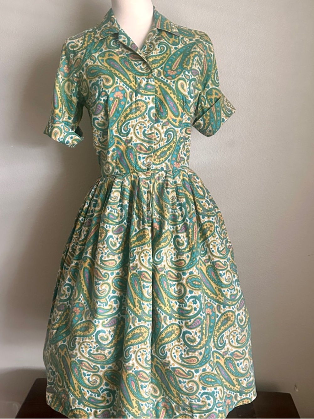 Vintage Paisley Boho Midi Dress Full Skirt Cottagecore S Waist 27”